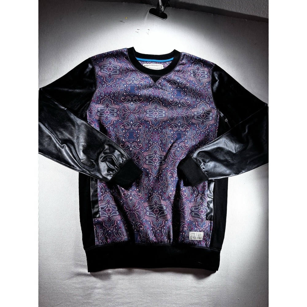Entree LS Mens Purple/Black 2 Pocket Sweatshirt Faux Leather Sleeves Size L NWOT